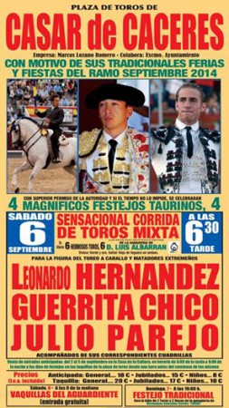 GUERRITA CHICO, TOREA EL 6 Y 19 DE SEPTIEMBRE EN CACERES Y HONRRUBIA ESPAÑA.